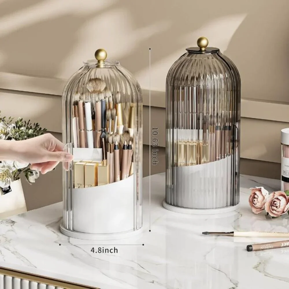 New 360° Rotating Makeup Brush Holder, Waterproof White-Clear Vanity Organizer
